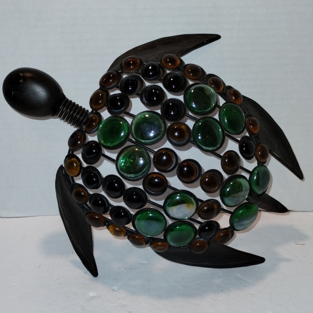 Bronze Finish Metal And Multicolor Glass Beads Spring Neck Sea Turtle 13.5" Long